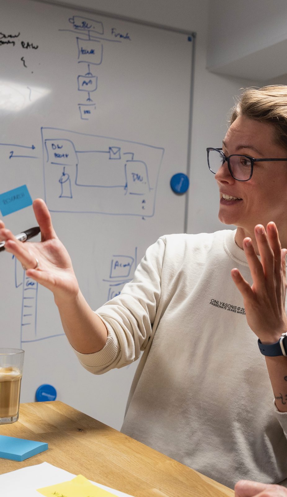 Sillan gennemgår skitser og flows ved et whiteboard.